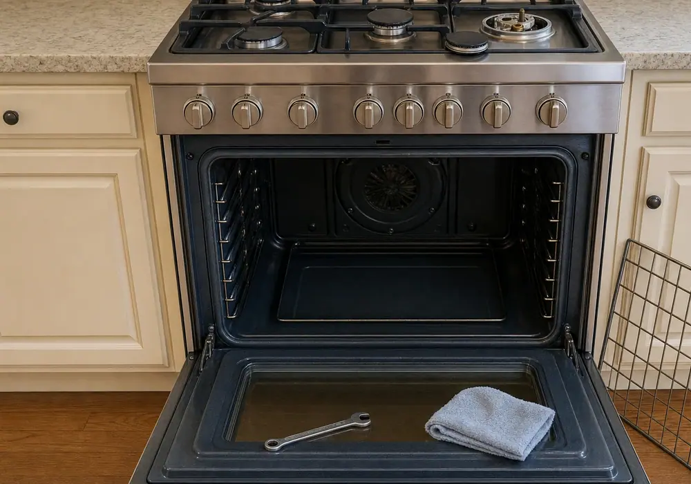 A built-in serviced through its grille in an Uptown kitchen, where there is no room to pull the unit forward